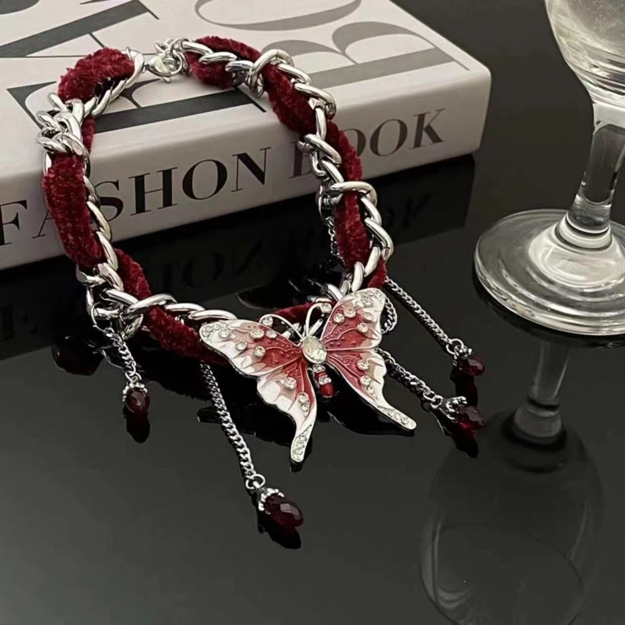 Red Velvet Butterfly Tassel Necklace
