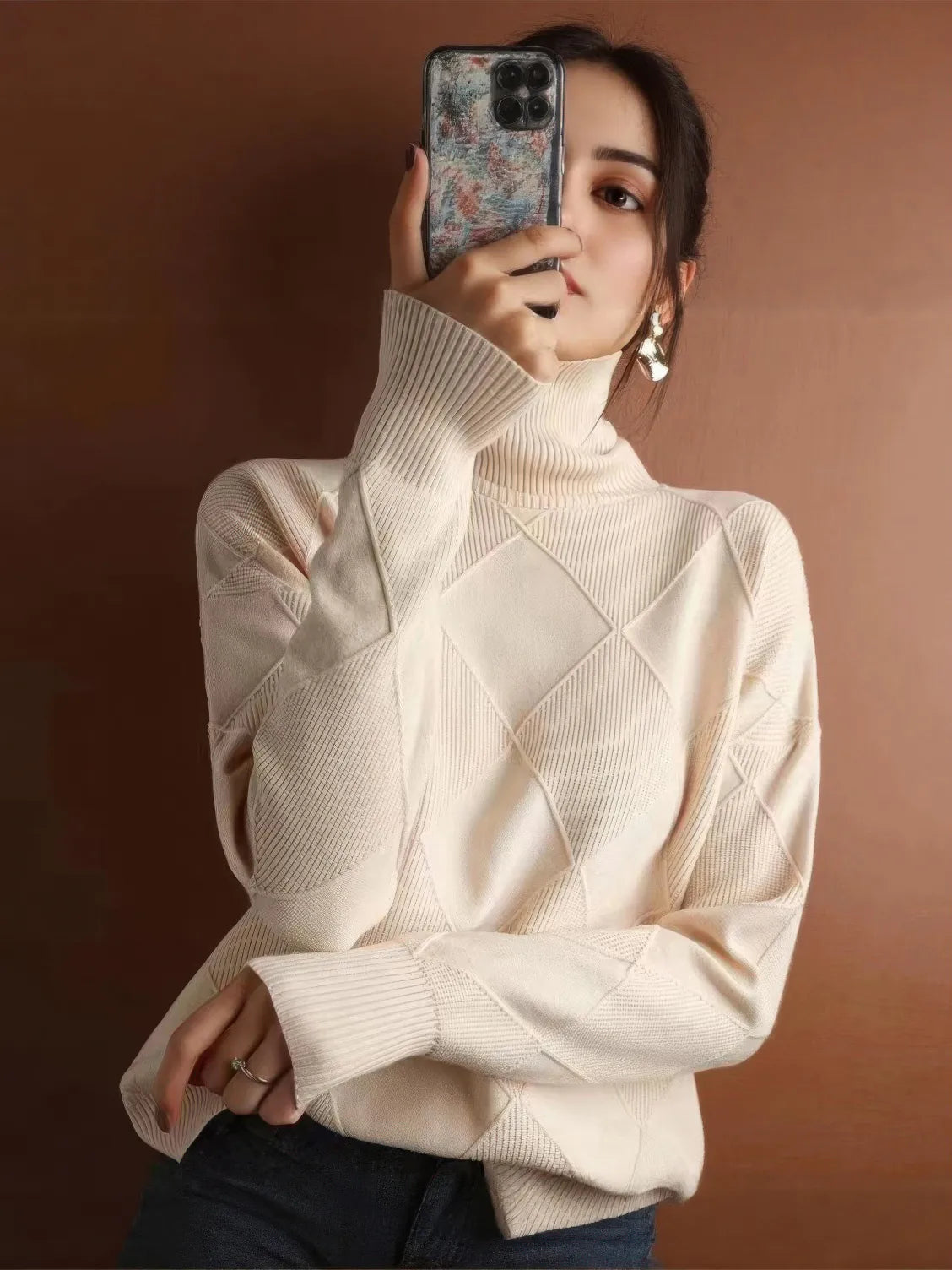 Diamond plaid solid color turtleneck sweater for women