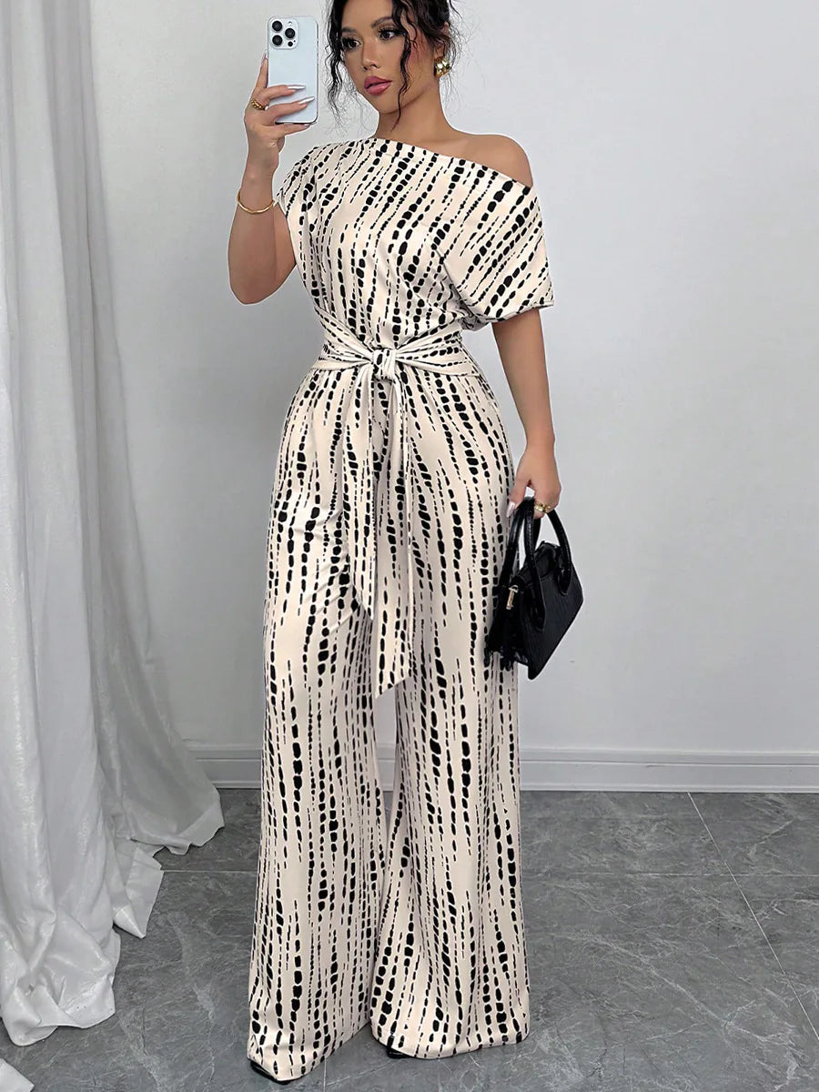 Striped Off-shoulder Strap Wide-leg Jumpsuit