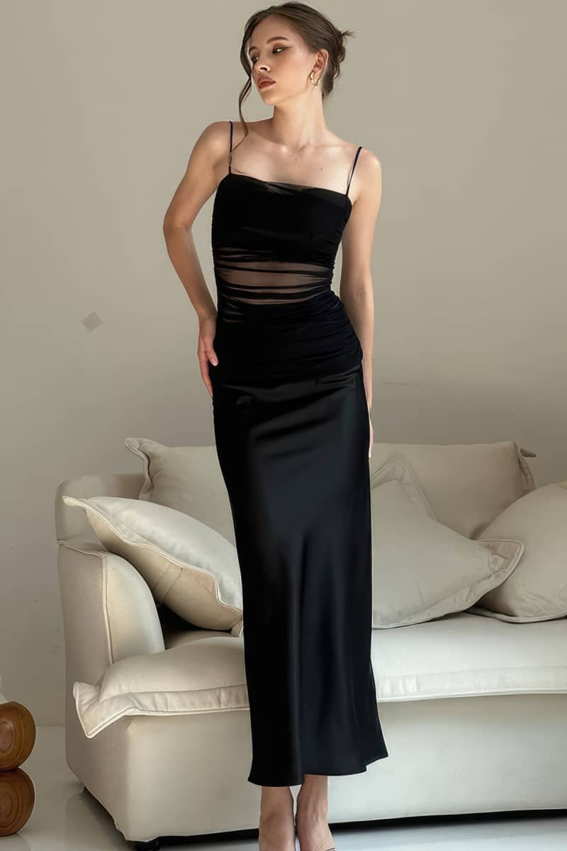 mesh camisole dress fake two piece mesh camisole stitching dress IFAUN Black / S