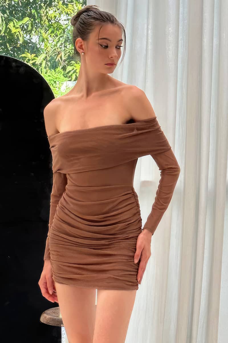 off the shoulder long sleeve mesh dress mesh off shoulder long sleeve pleated dress IFAUN Brown / S