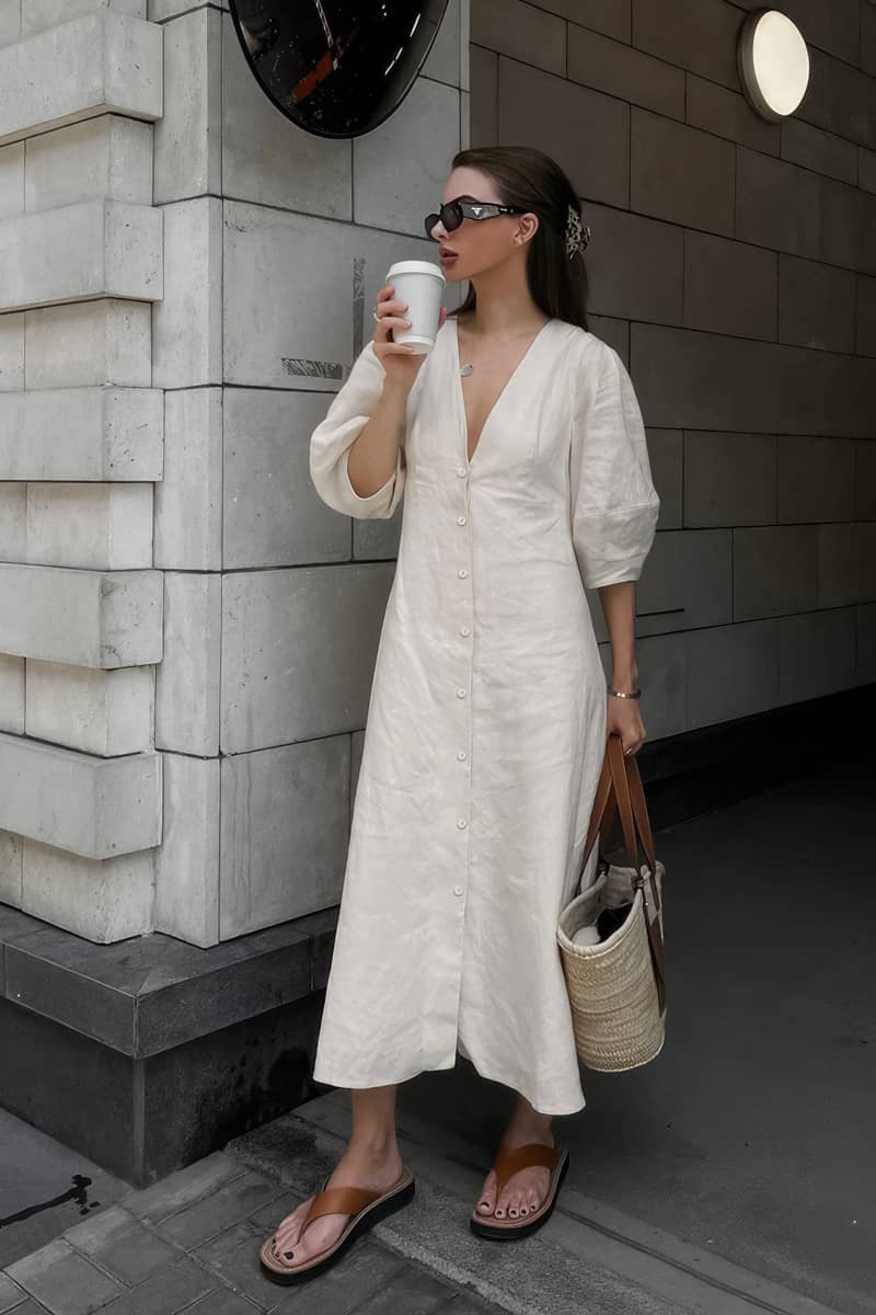 Beige Cotton Linen Puff Sleeve V Neck Cardigan Dress IFAUN White / L Beige Cotton Linen Puff Sleeve V Neck Cardigan Dress IFAUN White / L
