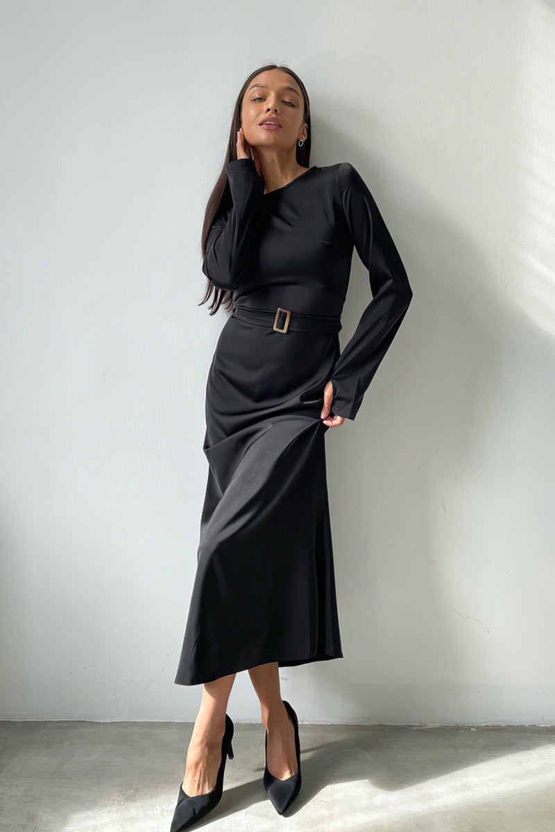 Black slim fit satin dress IFAUN Black / L Black slim fit satin dress IFAUN Black / L