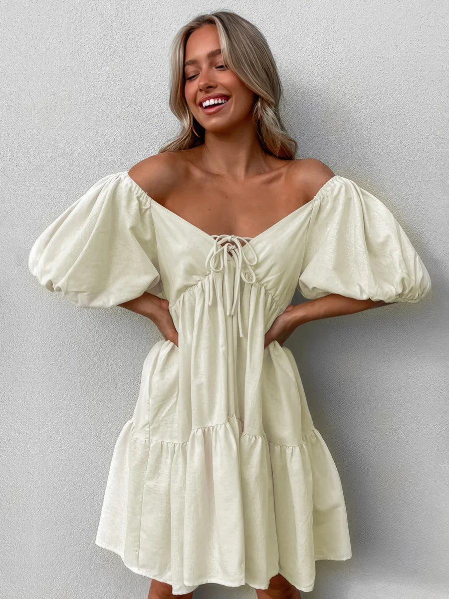 Linen Lace-up V-neck Short Sleeve Dress - Khaki / M