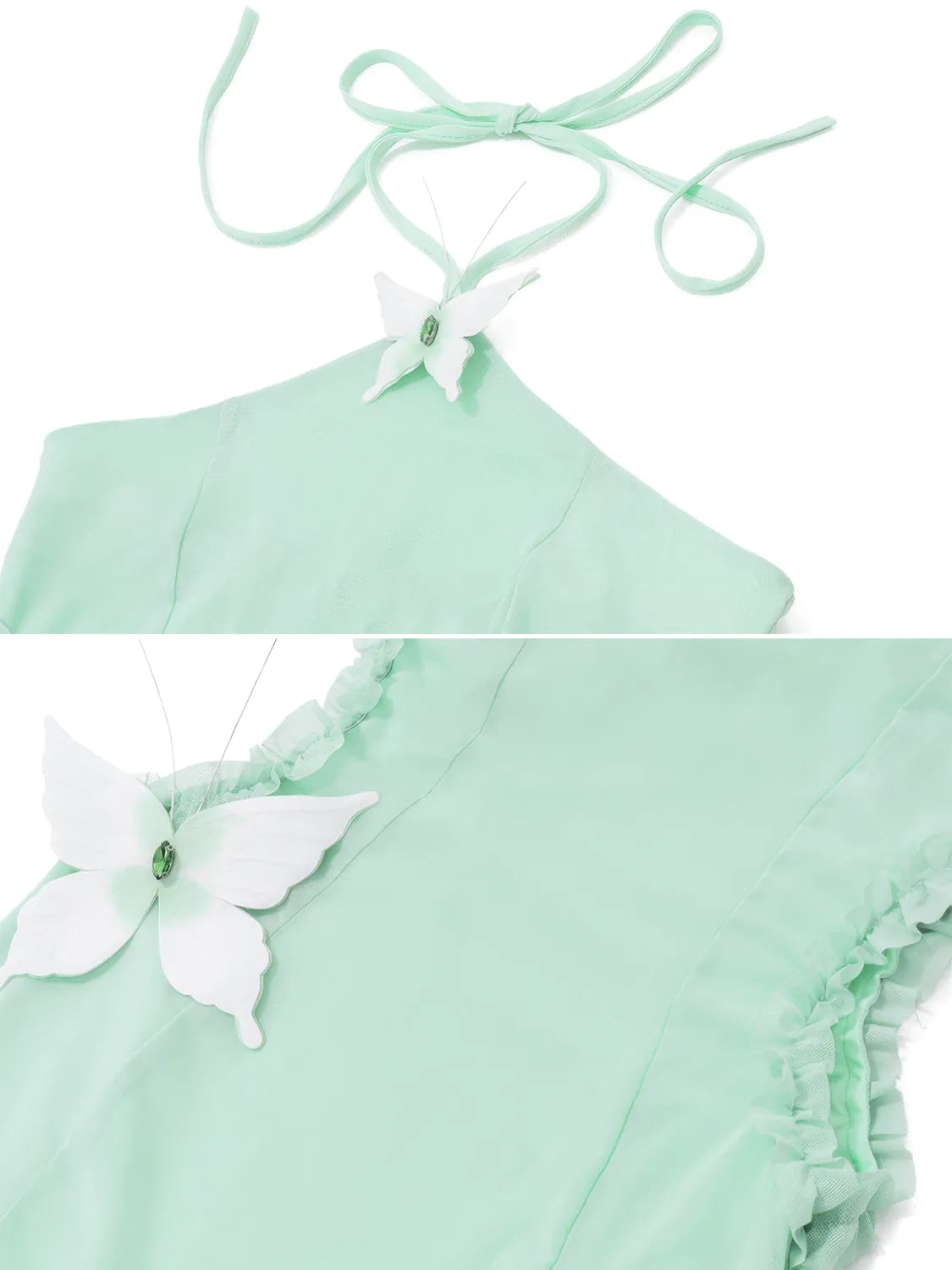 Mint green dress with white butterfly details on a white background. #Color_Green