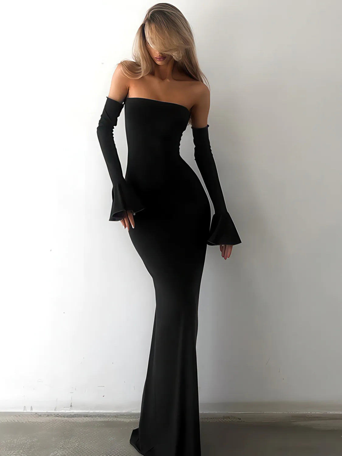 Wrap Around Flared Long Sleeved Mermaid Dress IFAUN Black / S