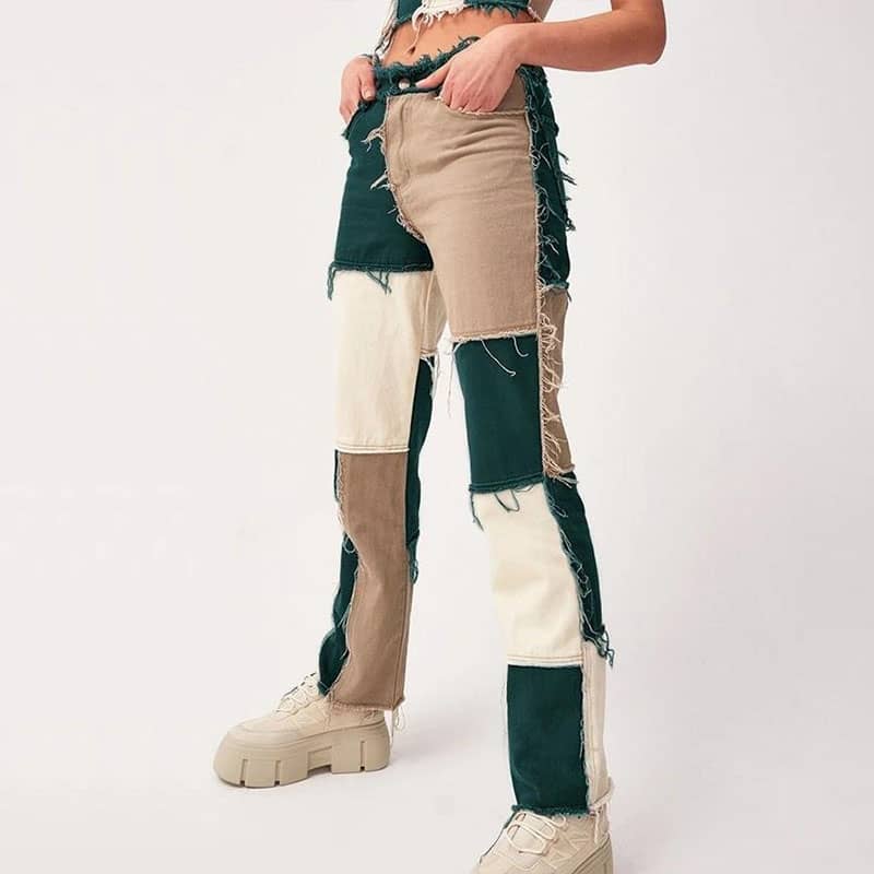 Stitched plaid contrast high-rise jeans