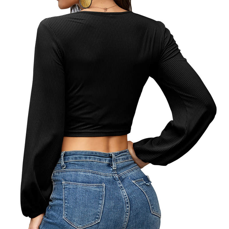 Women's top long sleeve V-neck drawstring T-shirt | IFAUN