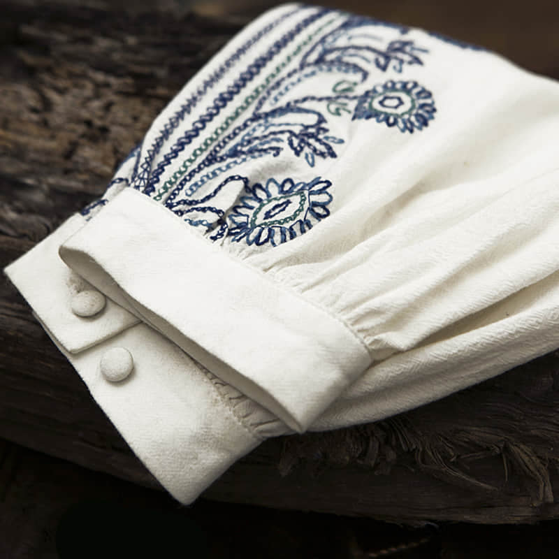 Half-open collar cotton and linen embroidered long-sleeved shirt | IFAUN