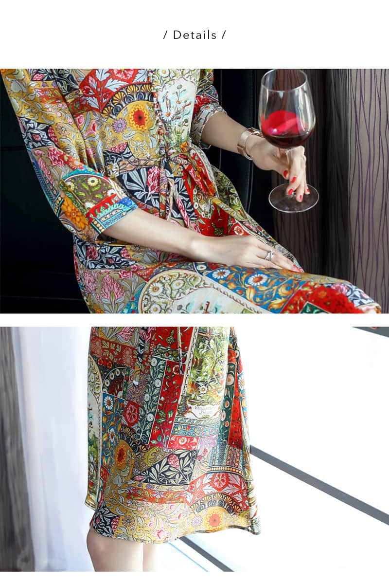 V-neck silk print dress | IFAUN