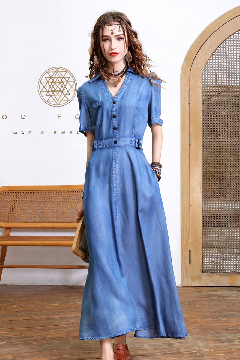 V-neck dress retro waist slim Tencel denim dress - Blue / L V-neck dress retro waist slim Tencel denim dress - Blue / L