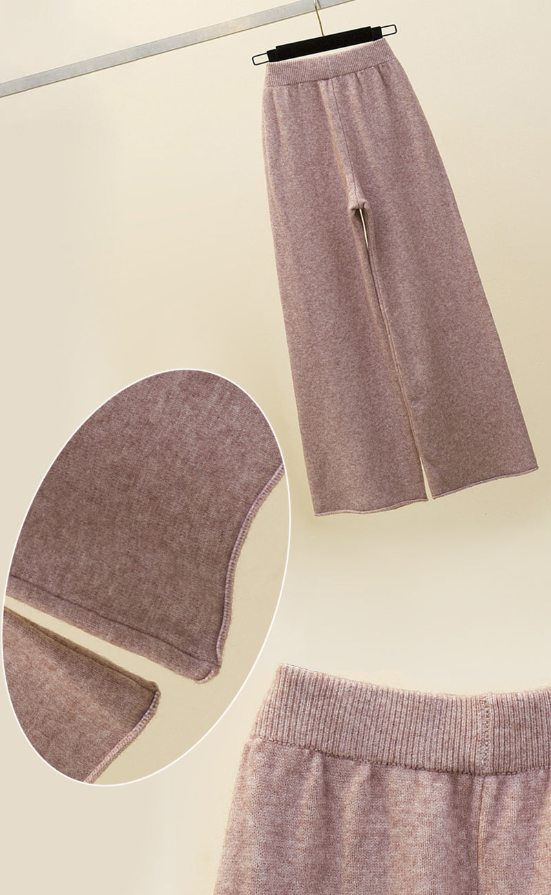 High neck split sweater + loose wide-leg pants two-piece