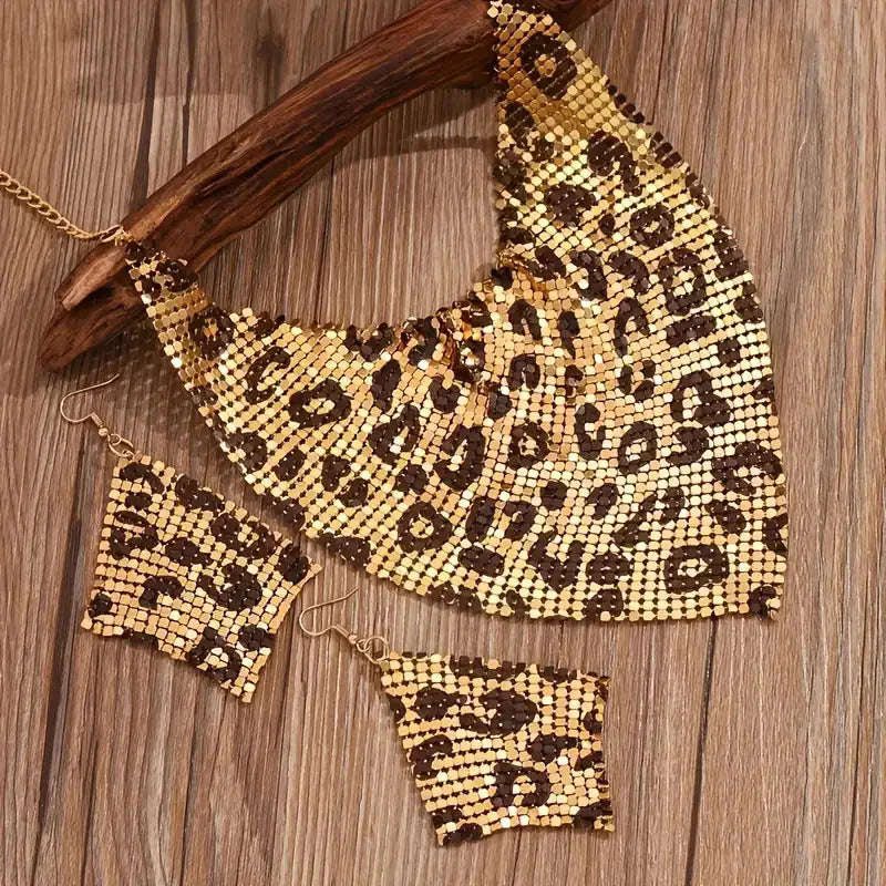 Leopard Print Sequined Triangle Scarf Necklace Earrings Jewelry Set