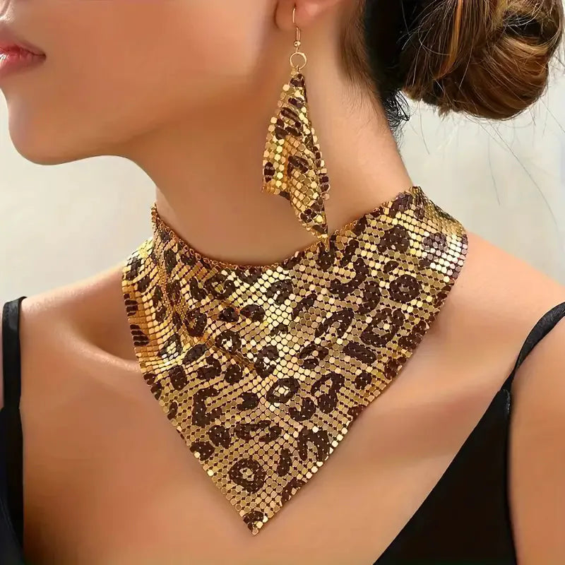 Leopard Print Sequined Triangle Scarf Necklace Earrings Jewelry Set