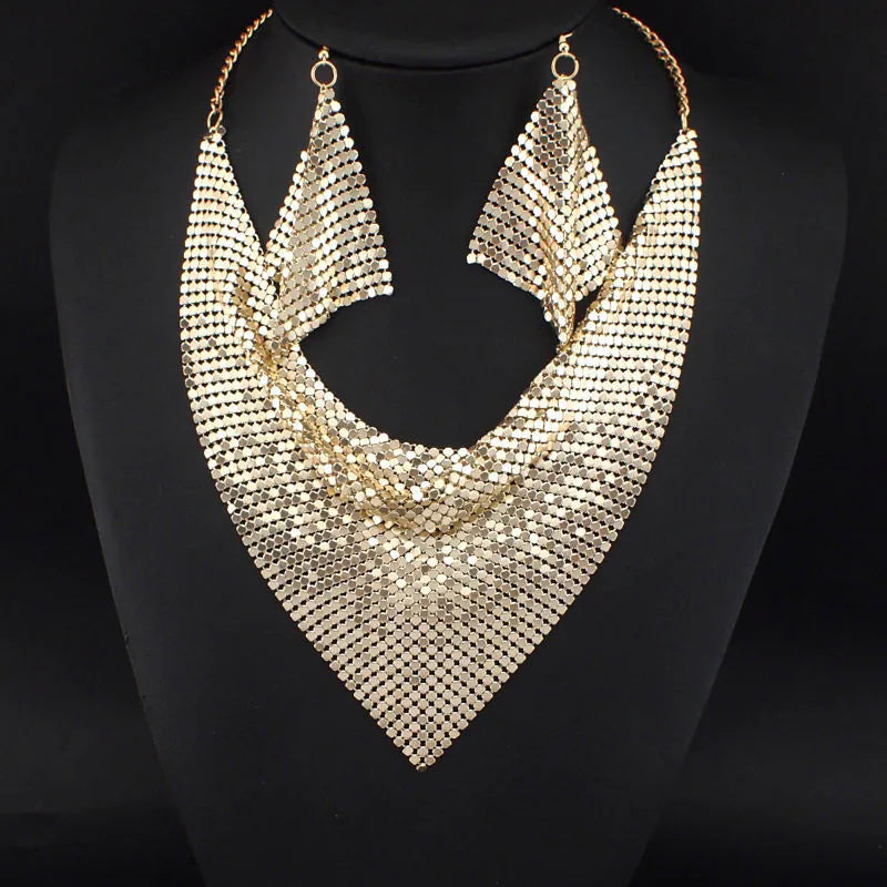 Leopard Print Sequined Triangle Scarf Necklace Earrings Jewelry Set