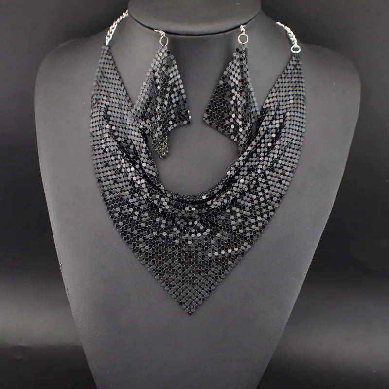 Leopard Print Sequined Triangle Scarf Necklace Earrings Jewelry Set