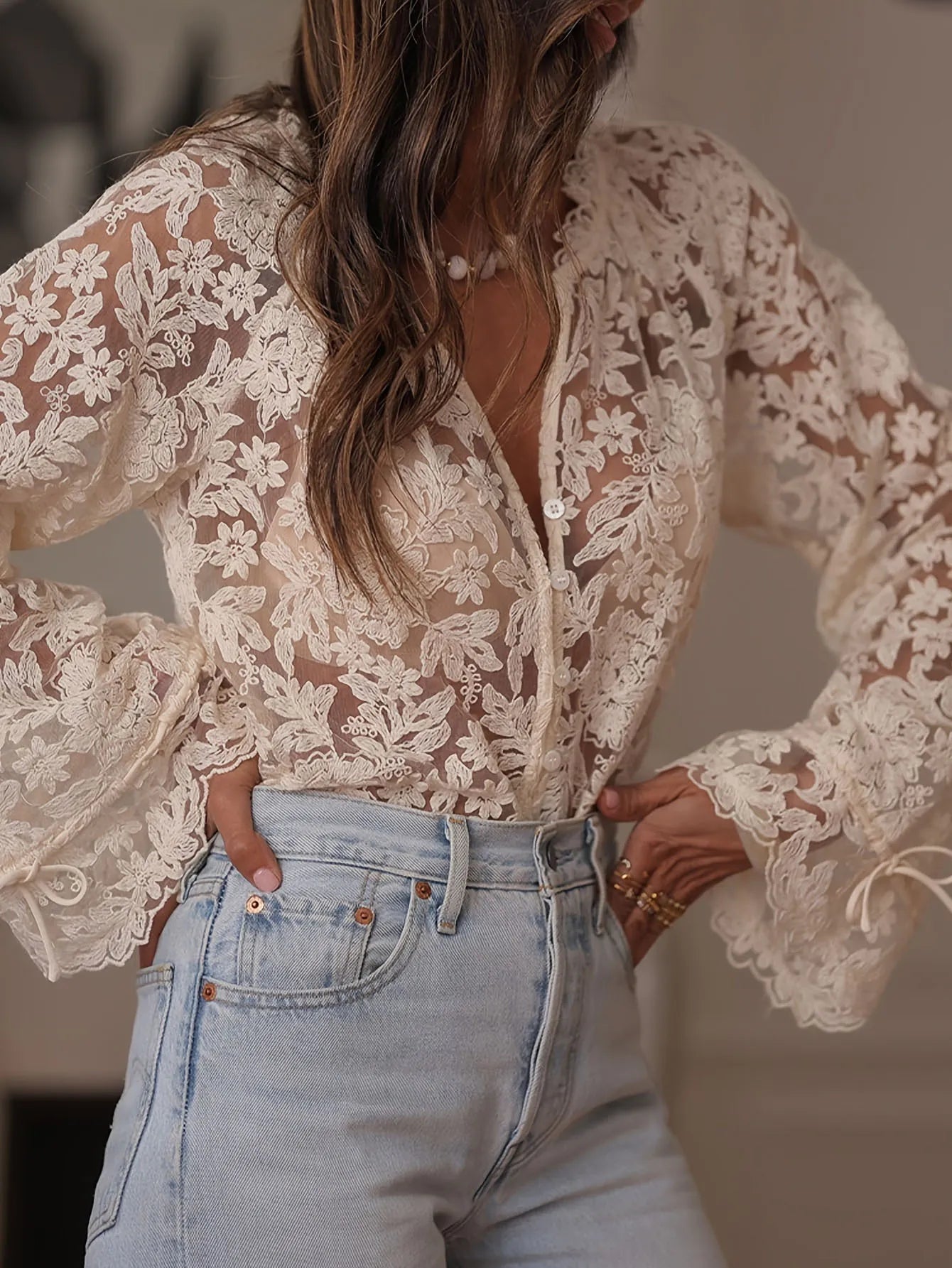 Hollow-in casual lace shirt for women