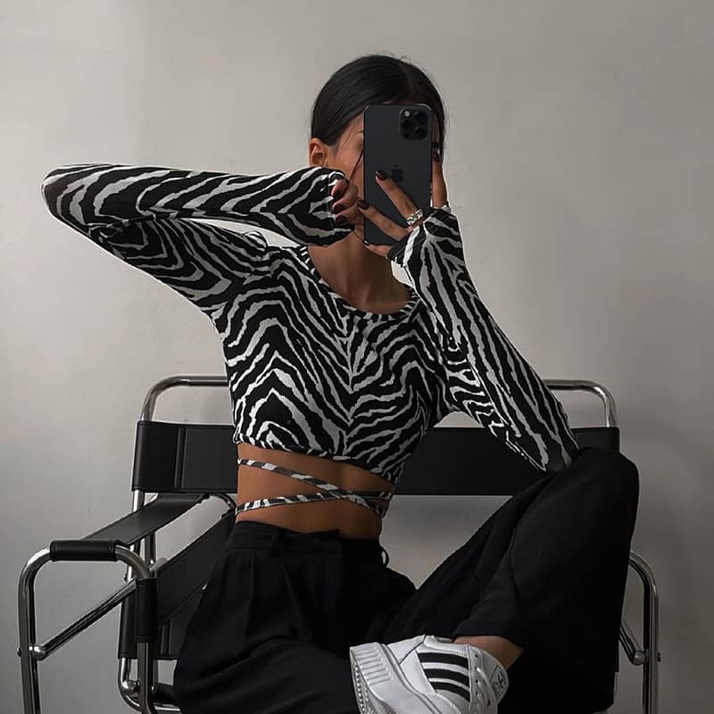 Zebra Print Halter Top Crop Tie Long Sleeve T-Shirt