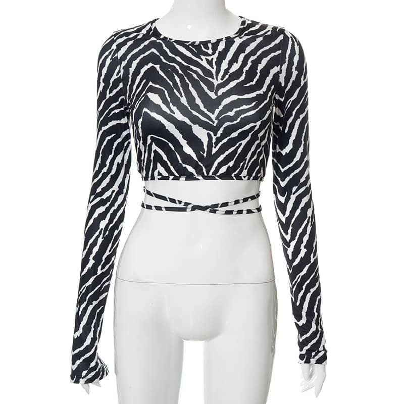 Zebra Print Halter Top Crop Tie Long Sleeve T-Shirt