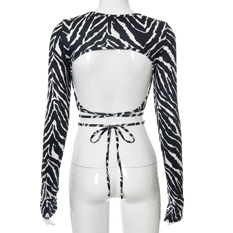 Zebra Print Halter Top Crop Tie Long Sleeve T-Shirt