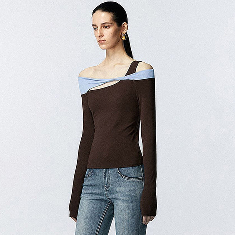 Contrast color one shoulder long sleeve T-shirt