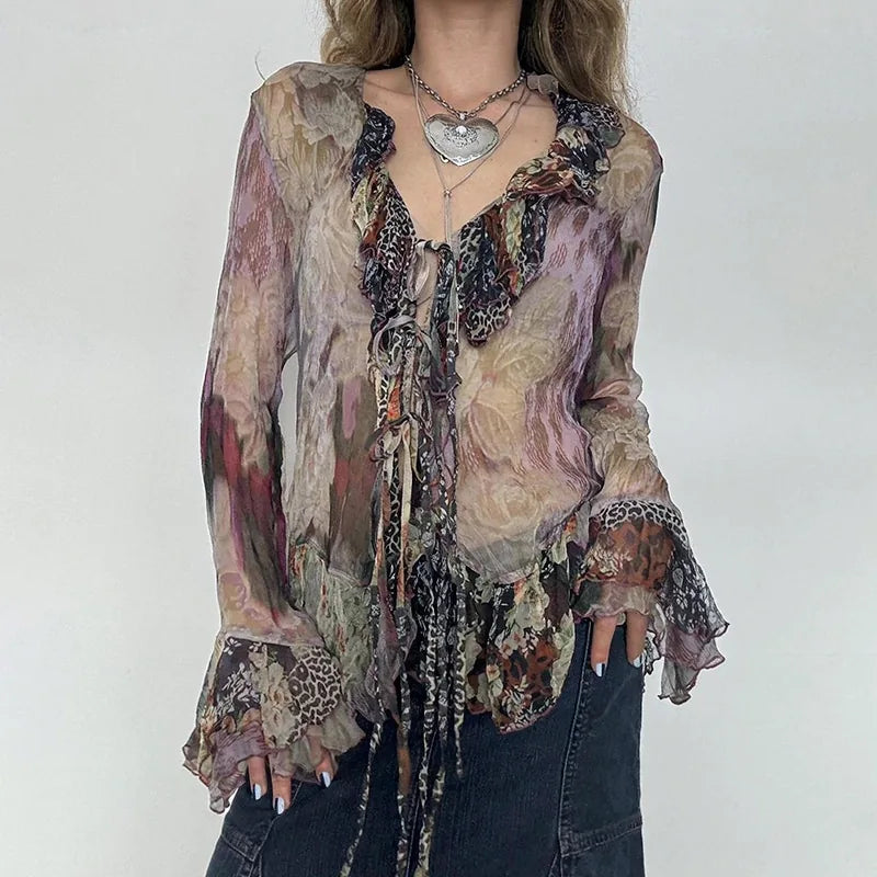 Printed Mesh T-shirt Bell Sleeve Top