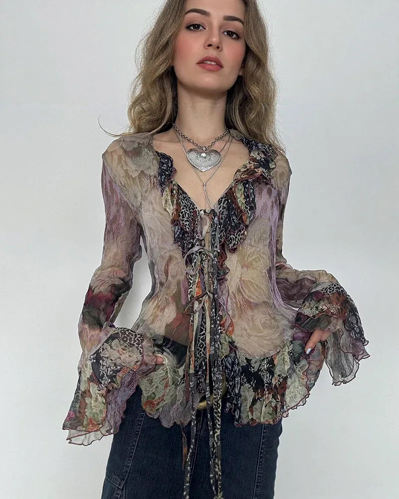 Printed Mesh T-shirt Bell Sleeve Top