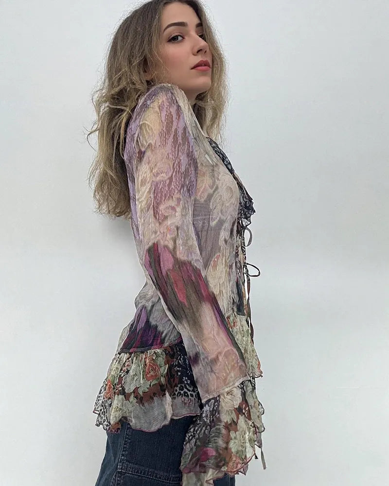 Printed Mesh T-shirt Bell Sleeve Top