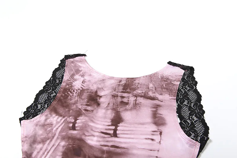 Sleeveless splicing backless printed lace short tank top