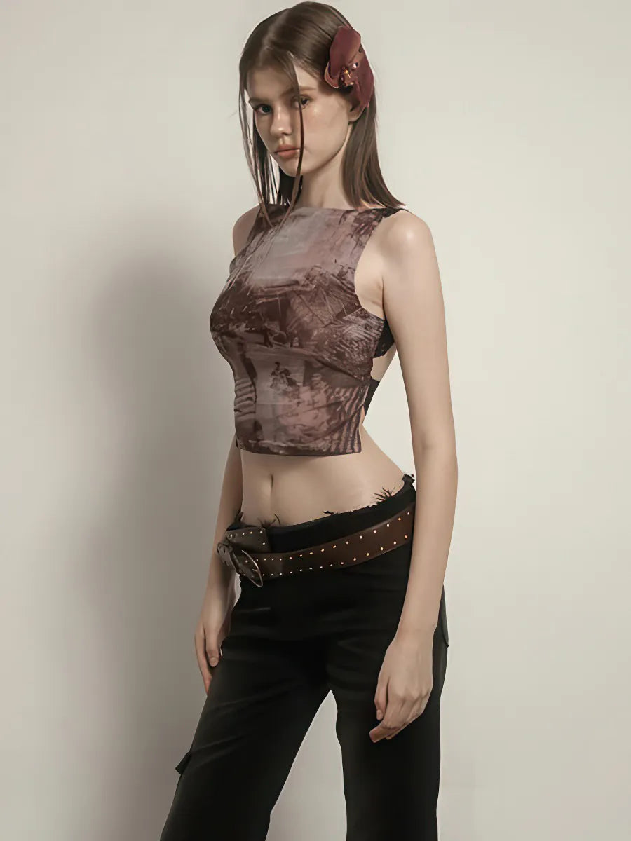 Sleeveless splicing backless printed lace short tank top