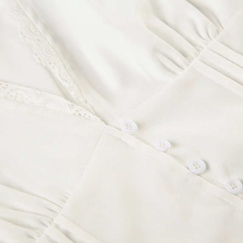 Lace Panel V-Neck Puff Short-Sleeve Shirt