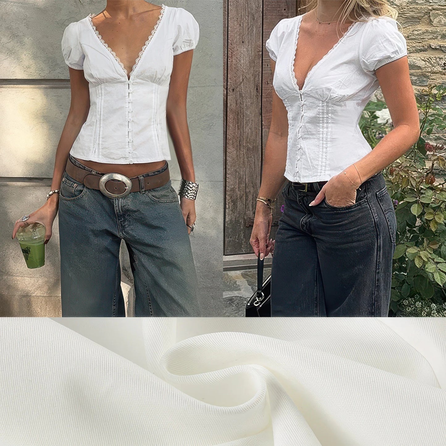 Lace Panel V-Neck Puff Short-Sleeve Shirt