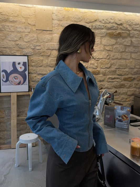 Women's Lapel Denim Waisted Cardigan