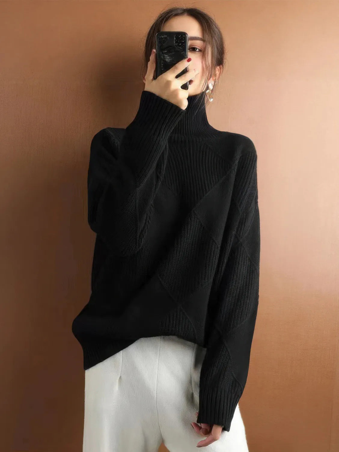 Diamond plaid solid color turtleneck sweater for women