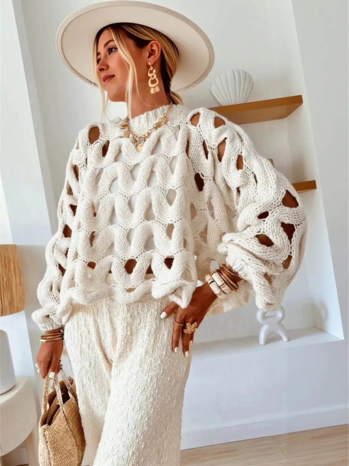 Lace-knit long-sleeve sweater