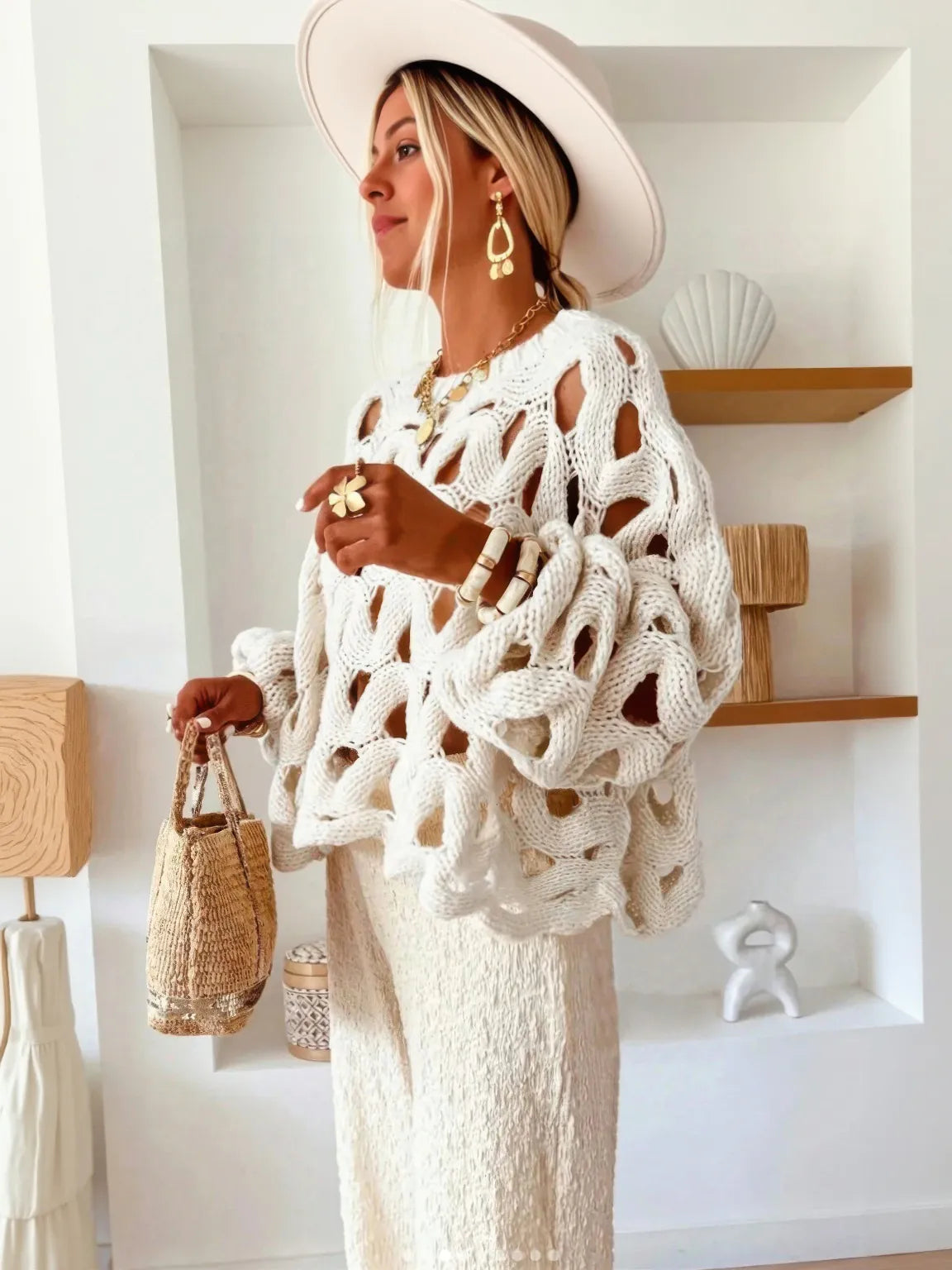 Lace-knit long-sleeve sweater