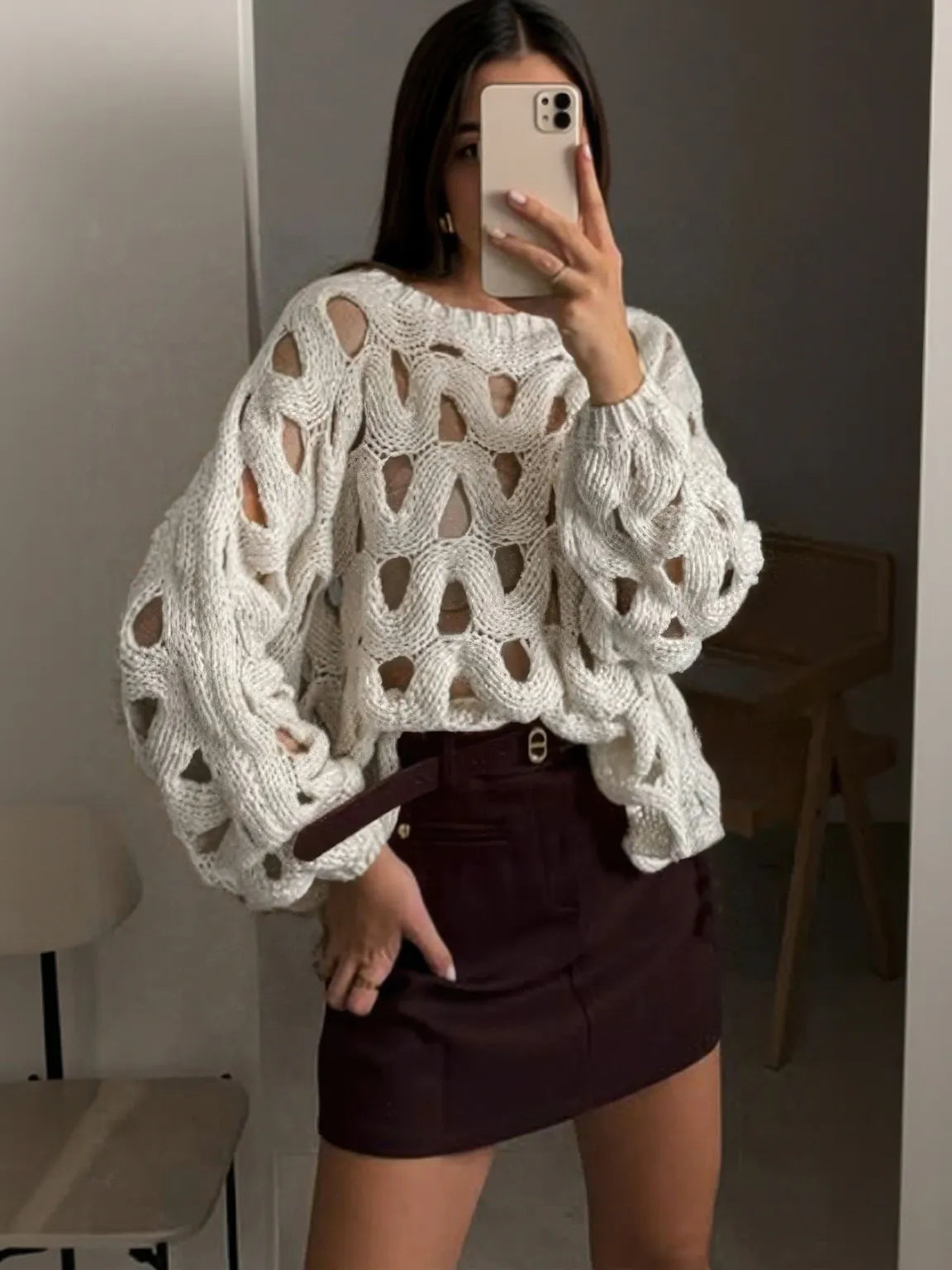 Lace-knit long-sleeve sweater