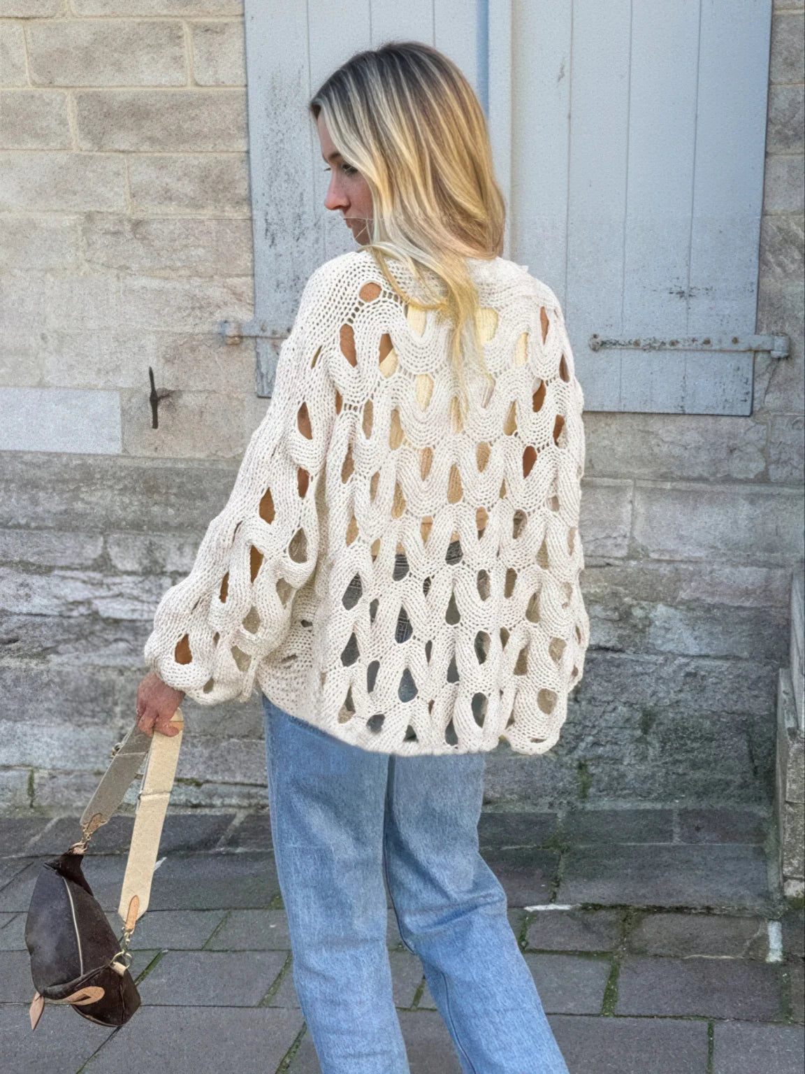Lace-knit long-sleeve sweater