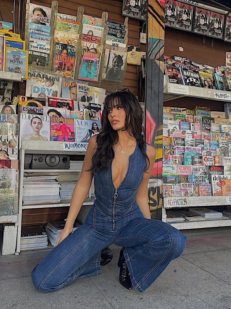 Vintage High-Waist Denim Jumpsuit