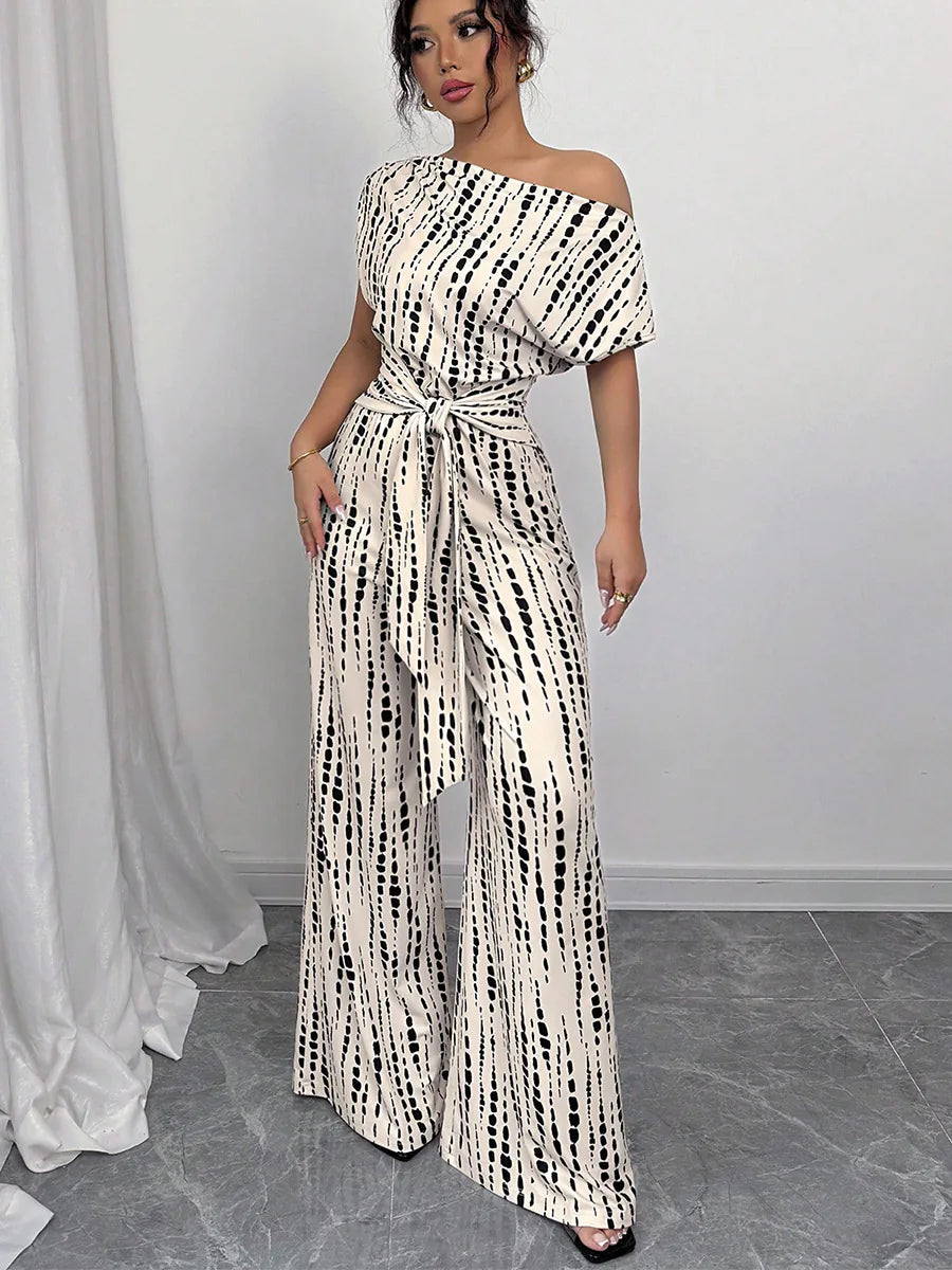 Striped Off-shoulder Strap Wide-leg Jumpsuit
