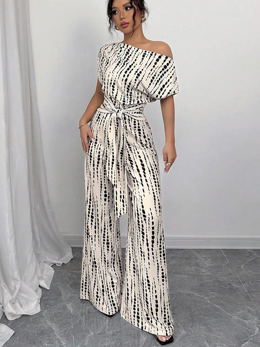 Striped Off-shoulder Strap Wide-leg Jumpsuit
