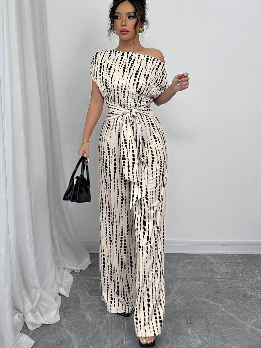 Striped Off-shoulder Strap Wide-leg Jumpsuit