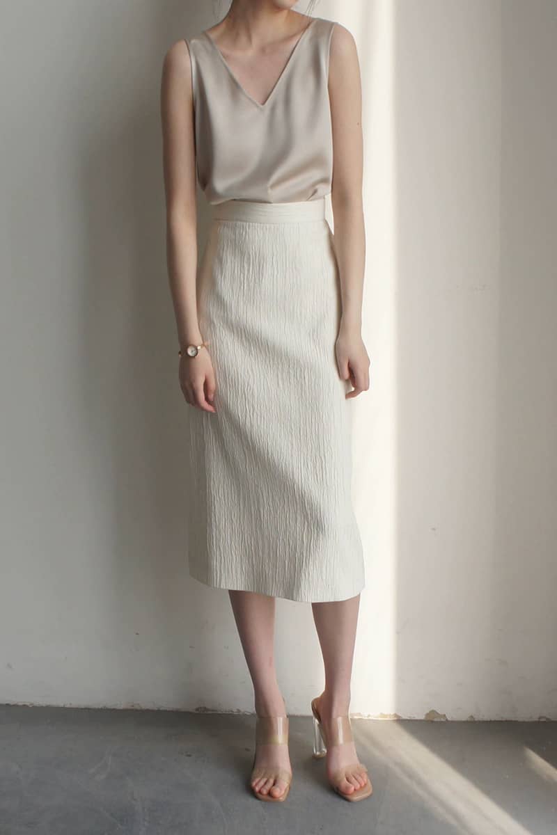 High Waist Back Slit Vertical Stripe Pleated Skirt