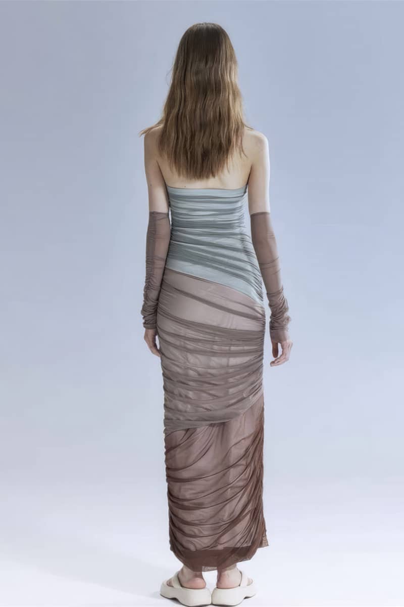 Double-layer contrasting color mesh stitching slim tube top dress