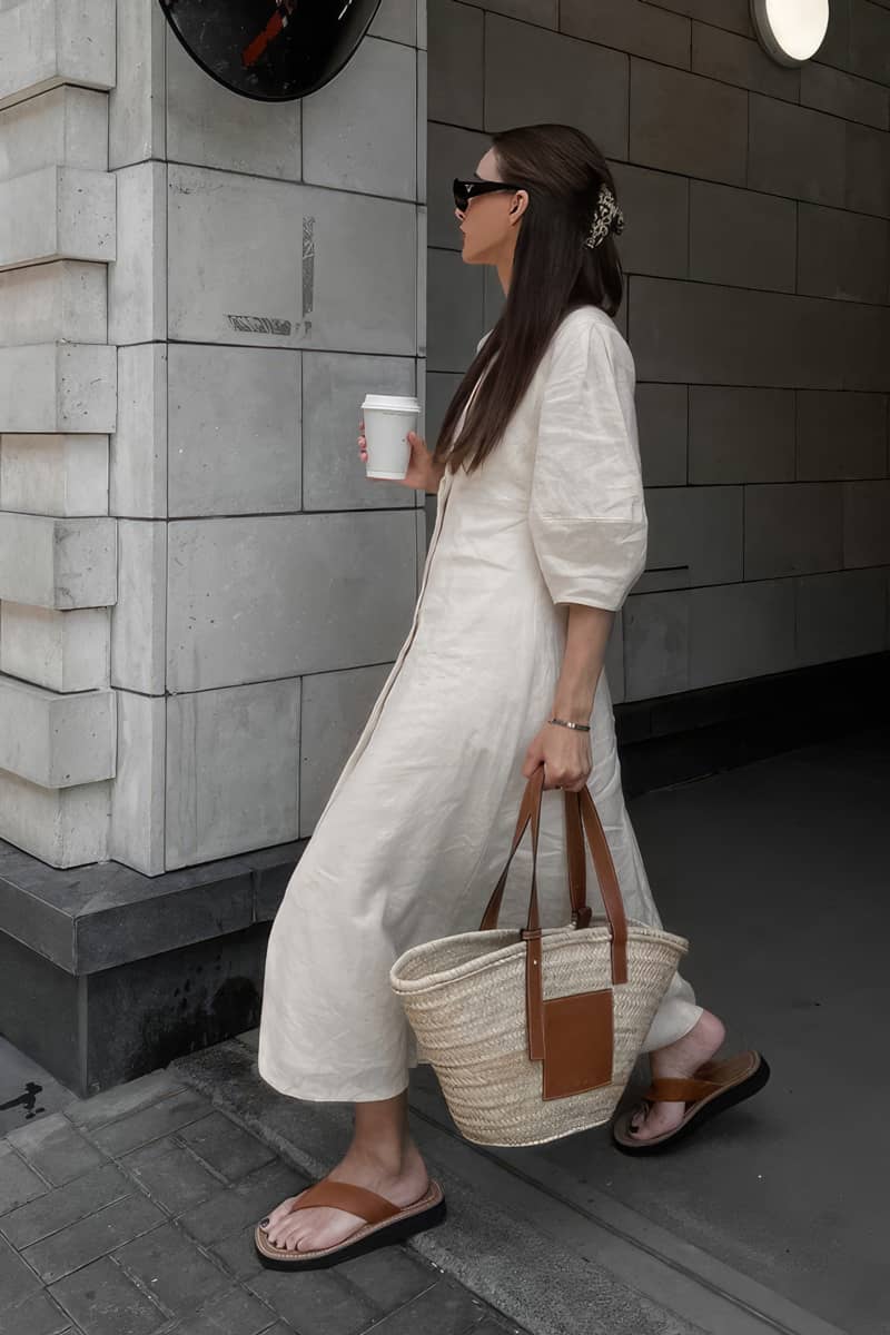 Beige Cotton Linen Puff Sleeve V-Neck Cardigan Dress