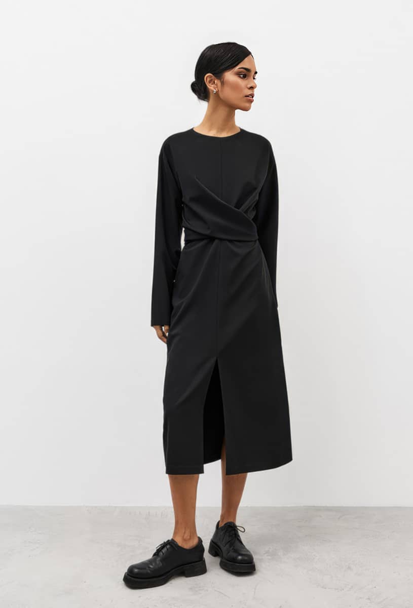 Cross waist slit black dress