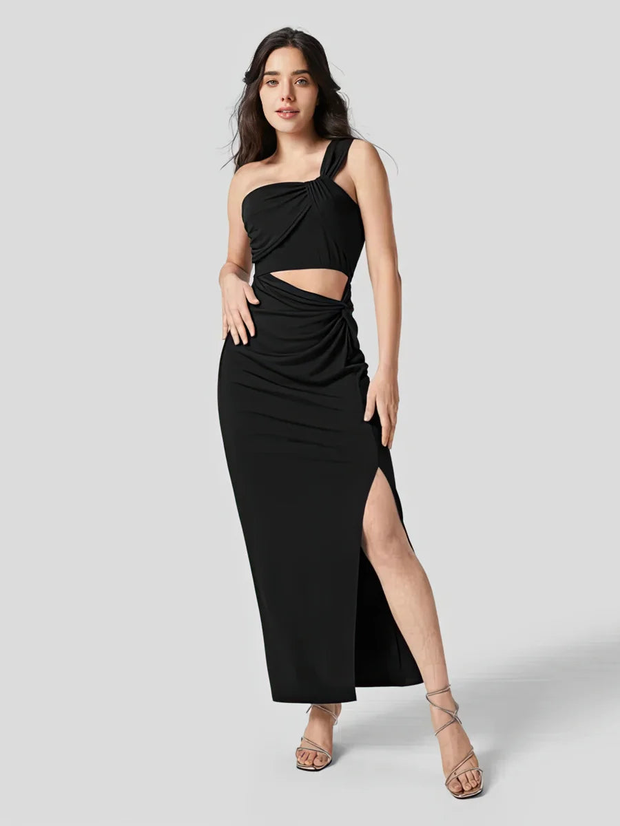 Slant-neck halter dress with high waist