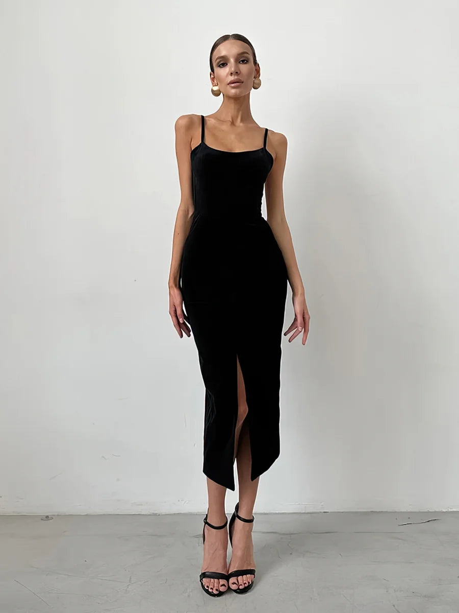 Black suspender dress with slits