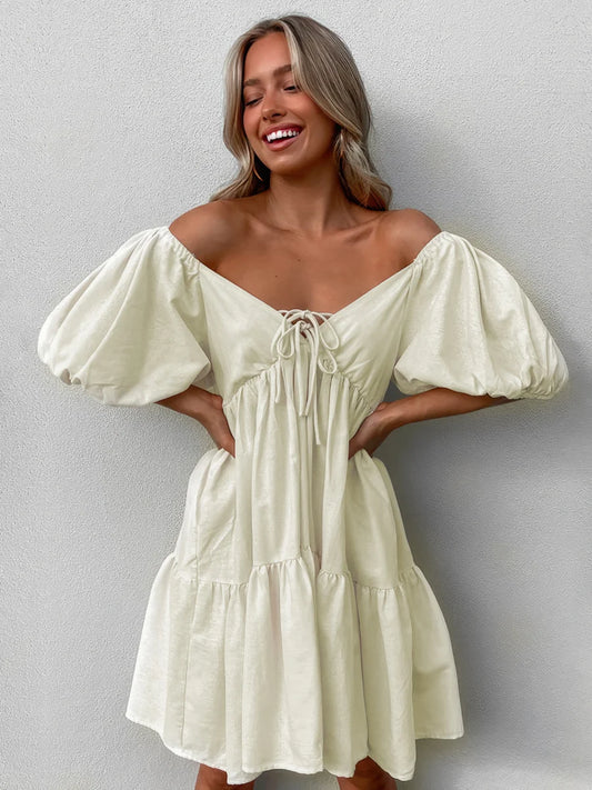Linen Lace-up V-neck Short Sleeve Dress