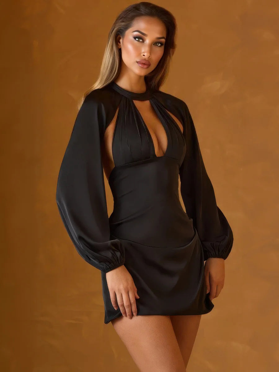 Lantern Long Sleeve Hollow Short Dress